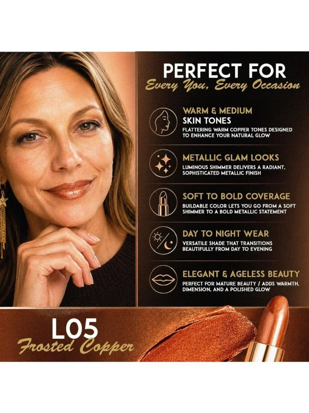 Frosted Copper Metallic Lipstick | Aloe Vera Moisturizing | Long-Lasting Warm